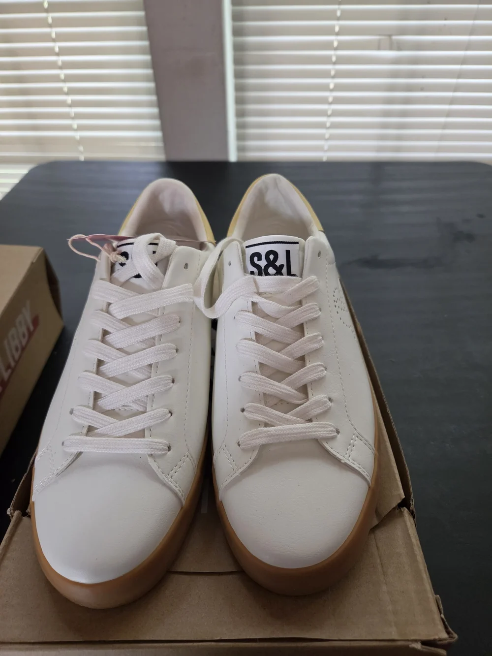 Sam & Libby Women's bright white  Leather Lace-Up Sneakers with Yellow Accent